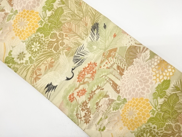 アンティーク　鶴に御所車・菊模様織り出し名古屋帯（材料）